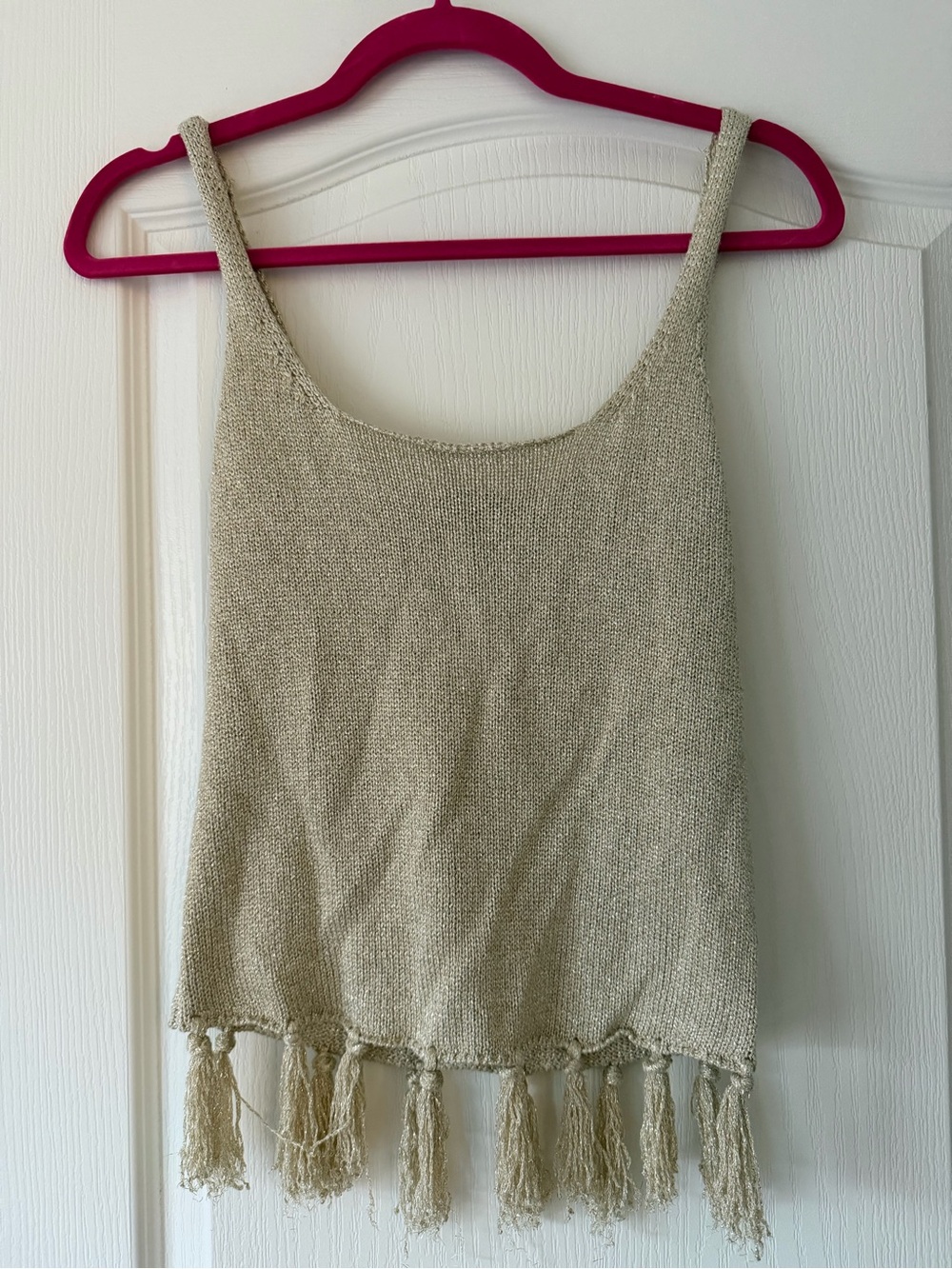 Sleeveless Cream Knit Fringe Tank Top